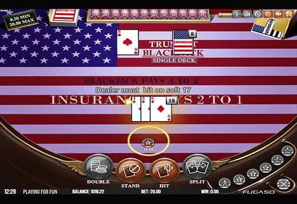 Trump It Blackjack Single Deck in-game view.