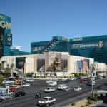 MGM casino with cars and yellow taxis.