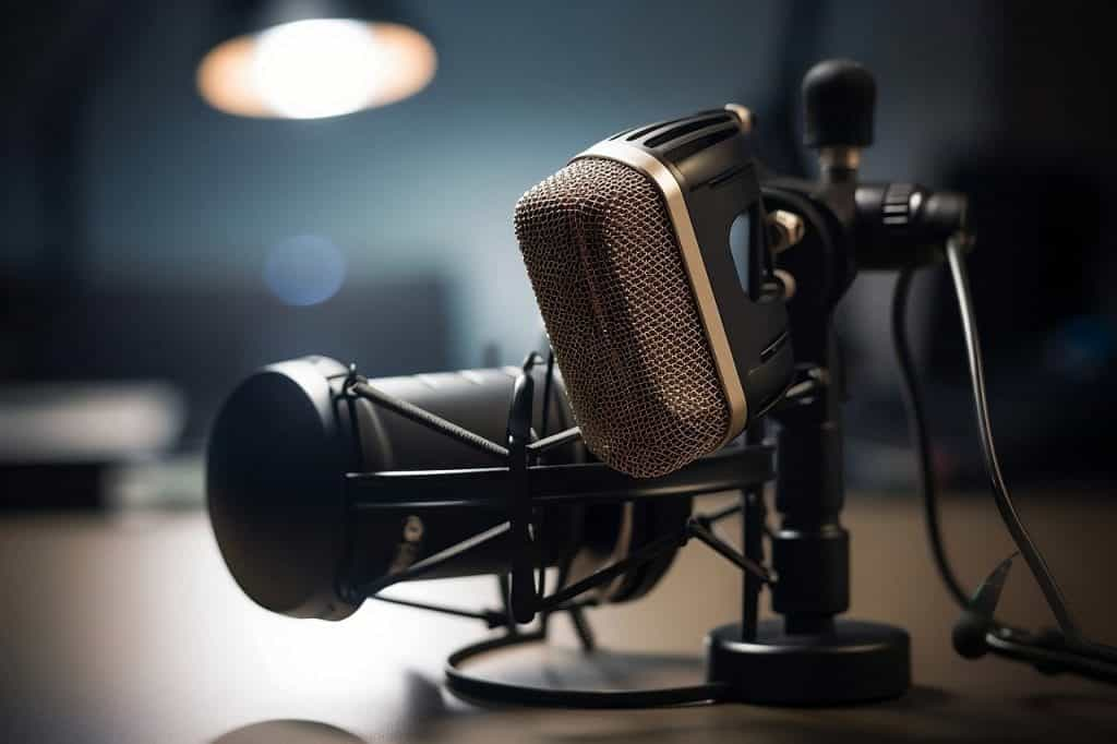 Two high-end microphones designed specifically for recording speaking vocals for a podcast placed on a table in a studio. 