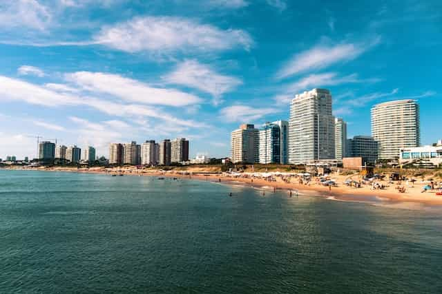 The highrise buildings of Punta del Este along the shore.